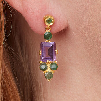 Amethyst Emerald Gold Plated Silver Drop Stud Earrings, 2 of 9