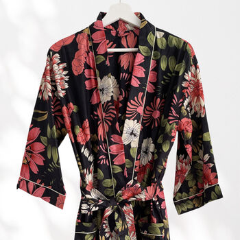 Black And Pink Flower Print Cotton Dressing Gown Kimono, 10 of 11