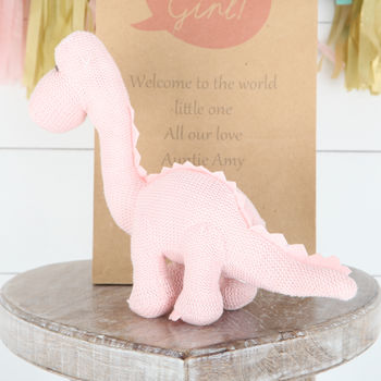 Personalised Gift Bag + Pink Diplodocus Rattle Dinosaur, 3 of 4