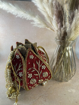 Red Handcrafted Raw Silk Potli Bag/Wrist Bag, 3 of 4