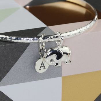 Personalised Hammered Silver Bangle With Elephant Charm, 2 of 3