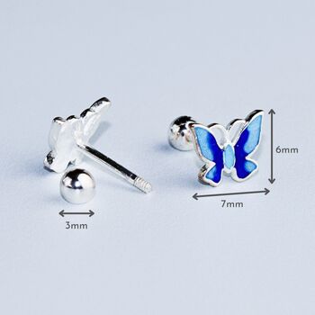 Sterling Silver Screw Back Blue Butterfly Studs, 3 of 4