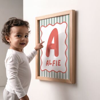 Personalised Green And Red Scallop Initial Wall Print, 2 of 3