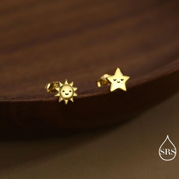 Tiny Mismatched Sun And Star Stud Earrings In Sterling Silver, 3 of 12