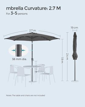 270cm Garden Parasol Umbrella 32 Solar Powered LED Light, 11 of 12