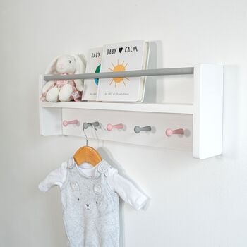 Nursery Shelf With Rail And Pegs, Nursery Decor Shelf, 2 of 11