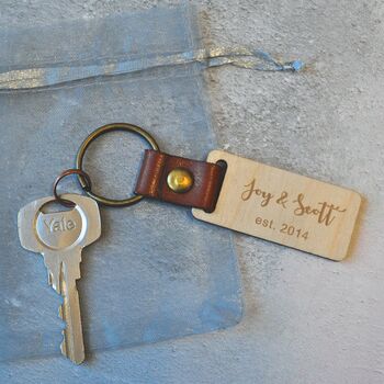 Personalised Couple Leather And Wood Keyring, 3 of 4