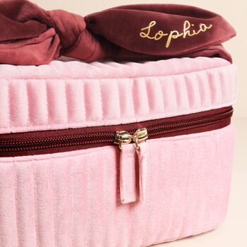Personalised Large Pink And Burgundy Velvet Bow Vanity Makeup Bag, 5 of 5