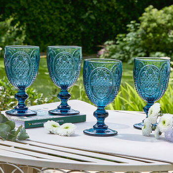 Set Of Four Embossed Blue Wine Glasses, 6 of 9