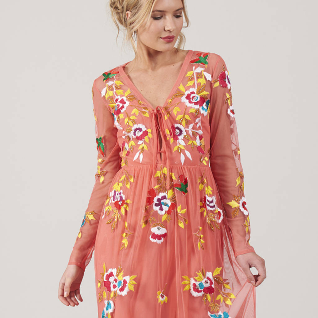 Coral Embroidered Long Sleeve Maxi Dress By Frock and Frill | notonthehighstreet.com