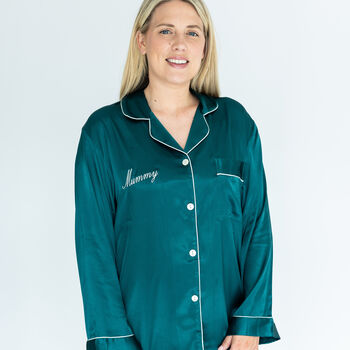 Special Offer! Women's Personalised Christmas Emerald Silky Satin Pj, 3 of 7