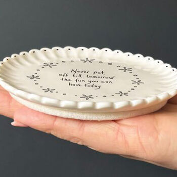 East Of India Scallop Porcelain Coaster Gift With Quote 'Never Put Off Till Tomorrow..', 3 of 4