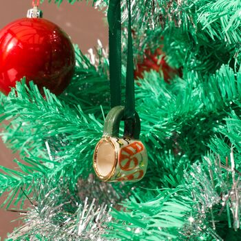 Hand Painted Mini Ceramic Mug Christmas Ornament With Candy Cane, 2 of 5