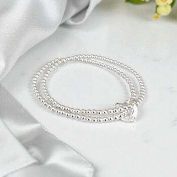 Sterling Silver Double Beaded Stretch Heart Bracelet, 4 of 12