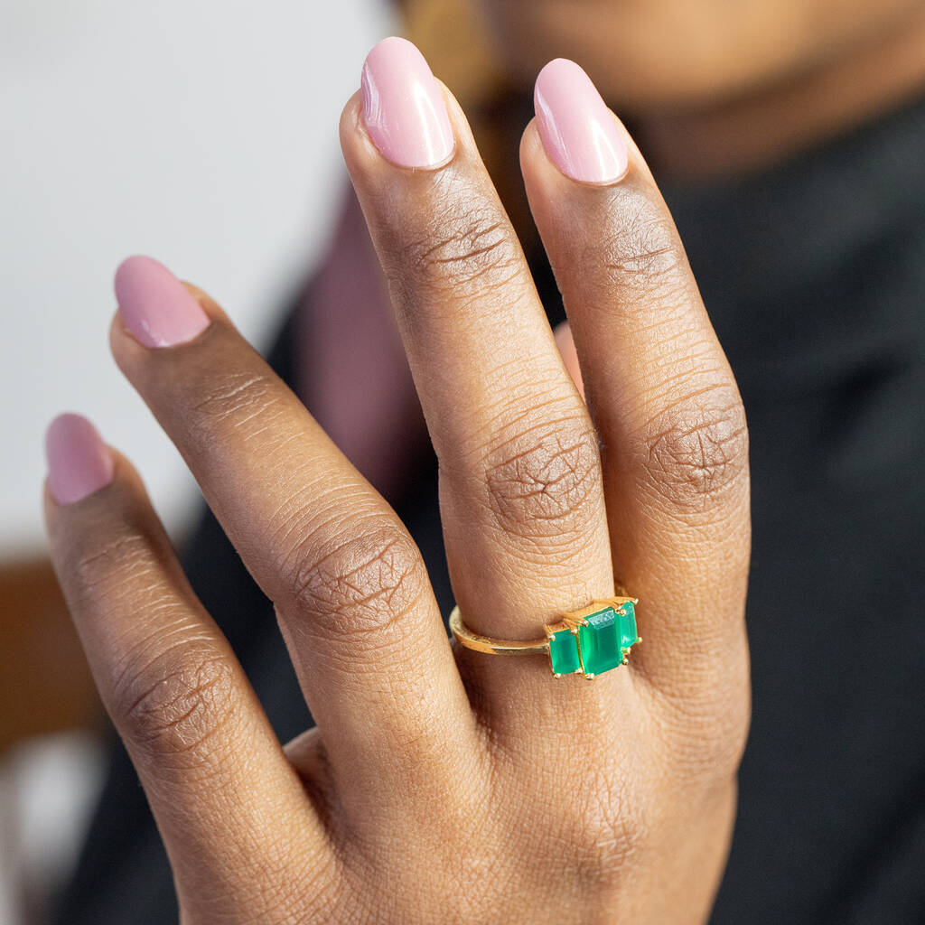 Green Onyx Gemstone Ring With A Triple Baguette Cut, 1 of 7