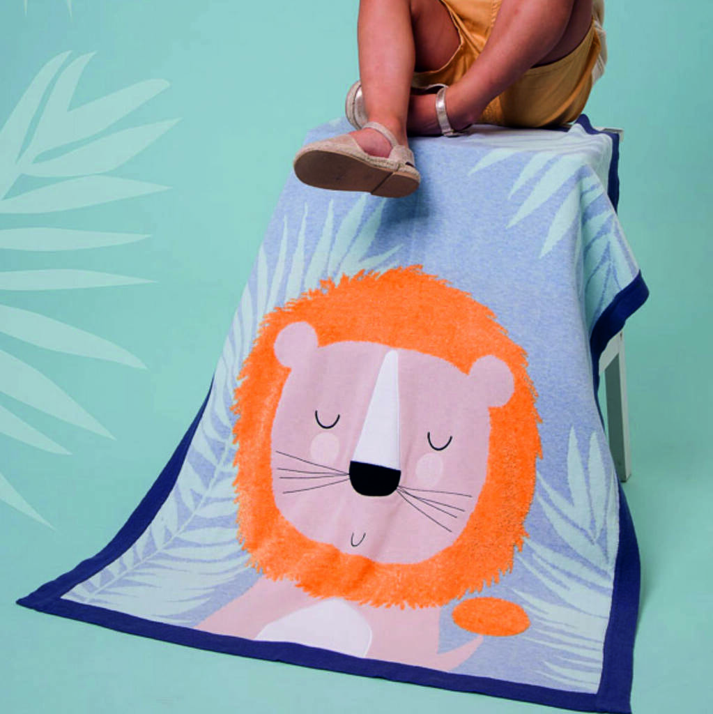 Personalised Bold And Bright Knitted Lion Baby Blanket By The Alphabet