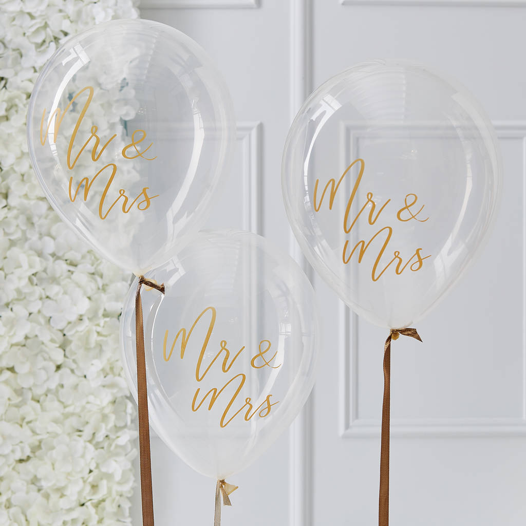 Clear And Gold Printed Mr And Mrs Wedding Balloons, 1 of 3