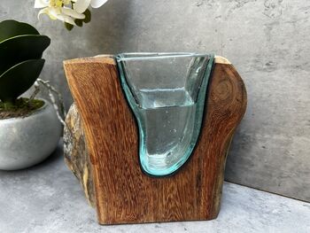 18cm Molten Glass Wedge Vase On Teak Root Flower Holder, 4 of 12