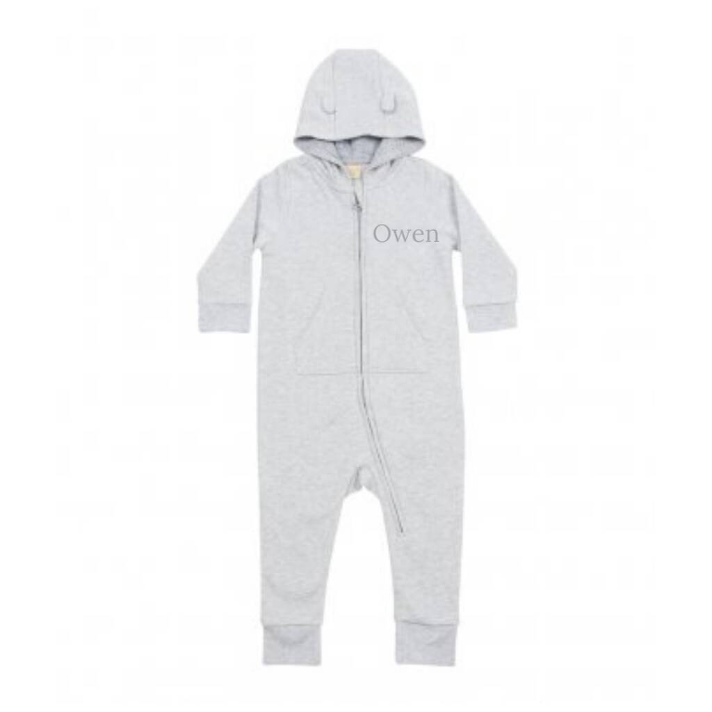 Personalised Baby Grey Cotton Hooded Onesie By Mimi & Thomas® Cashmere