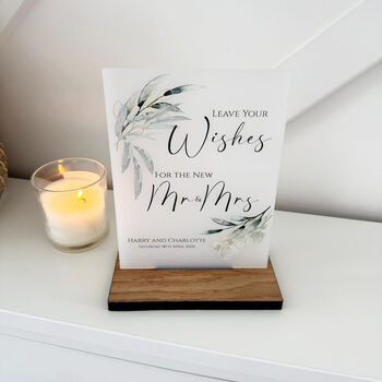 Botanical Personalised Leave Your Wishes Acrylic Sign Opaque A5 Wedding Guest Book Sign, 2 of 5