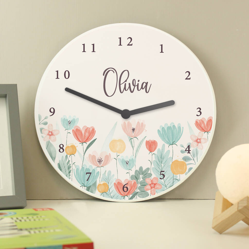 Personalised Floral Wooden Clock For Children, 1 of 4
