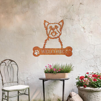 Custom Yorkshire Terrier Welcome Metal Wall Art Sign For Home And Garden Decor, 8 of 11