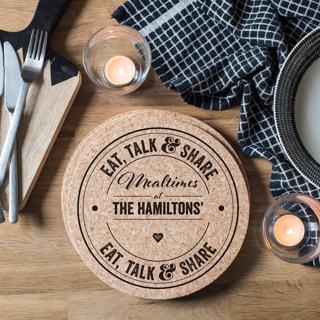 Set Of Four Personalised Family Cork Placemats By Delightful Living 