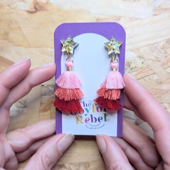 Pink Tassel Dangly Star Christmas Earrings, 2 of 4