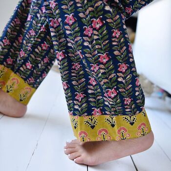 Block Printed Navy Blue, Mustard And Pink Lily Cotton Pyjamas, 5 of 9