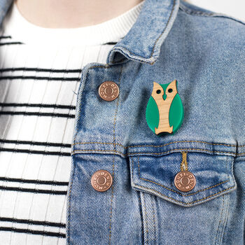 Owl Brooch Made From Green Acrylic And Wood, 2 of 11