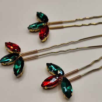 Christmas Red And Green Crystal Hair Pin Set Of Three, 9 of 12