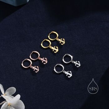 Anchor Huggie Hoop Earrings In Sterling Silver, 5 of 11