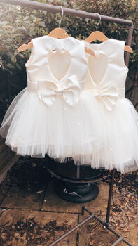 Duchess Satin Flower Girl Dress – Heart Back Tulle Gown Handmade In UK, 3 of 11