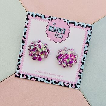 Sea Shell Glitter Resin Stud Earrings Pink, Blue And Coral, 4 of 12
