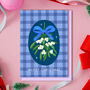 Christmas Card In With Blue Gingham Pattern And Mistletoe, thumbnail 1 of 3