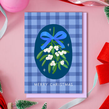 Pack Of Six Blue Gingham Mistletoe Christmas Cards, 3 of 4