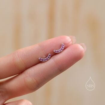 Sterling Silver Pink Cz Curved Bar Tiny Stud Earrings, 5 of 12