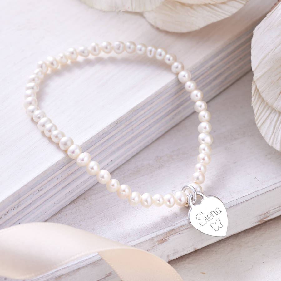 Girl's Personalised Silver Heart Charm Pearl Bracelet, 1 of 5