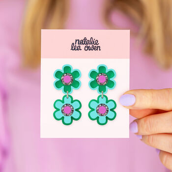 Double Flower Statement Earrings Green, 3 of 3