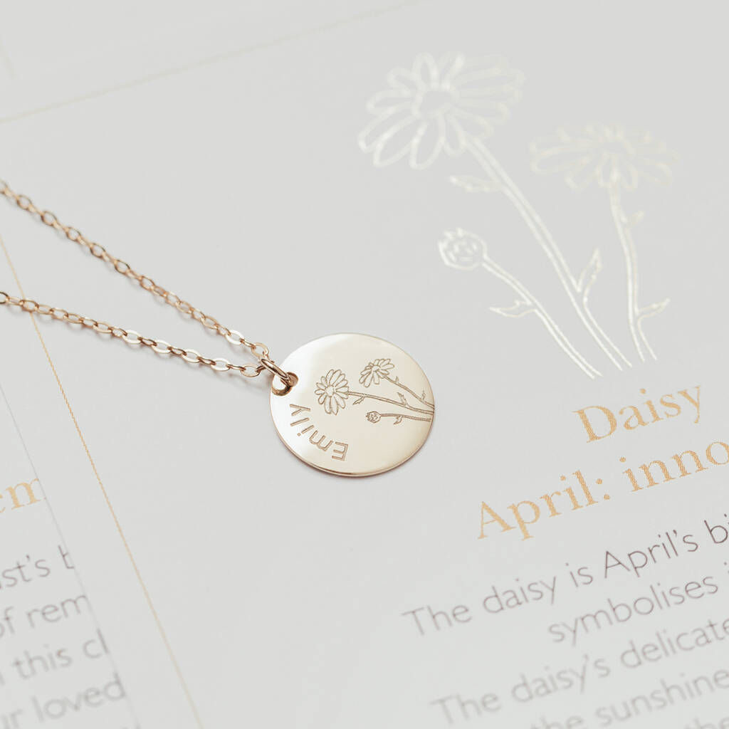 Small Personalised Birth Flower And Name Disc Necklace, 1 of 5