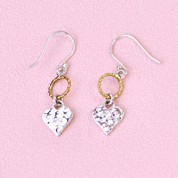 Mini Sterling Silver Hammered Heart Drop Earrings, 2 of 6