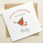 Personalised Christmas Card For Sister: Robin With Christmas Pudding Design, thumbnail 3 of 5