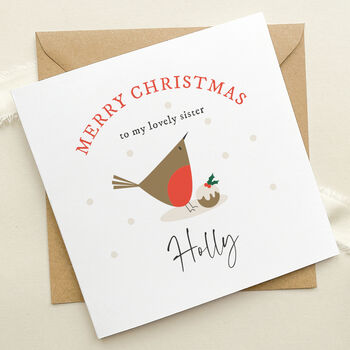 Personalised Christmas Card For Sister: Robin With Christmas Pudding Design, 3 of 5