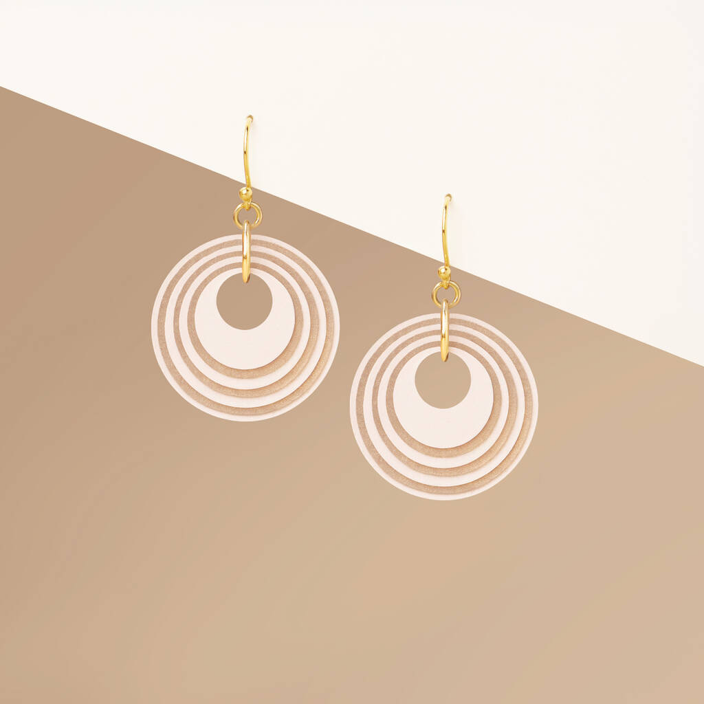 Cream And Pearlescent Taupe Geometric Circular Earrings • Gold Plated Sterling Silver Hooks, 1 of 8