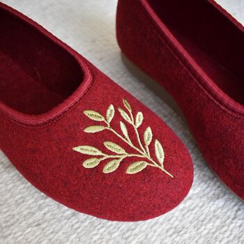 Wool Balleina Slippers Wine Red/ Green Leaves, 4 of 4