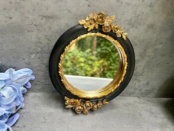 16cm Round Wall Mirror Black Frame With Gold Flower Detail, 3 of 9
