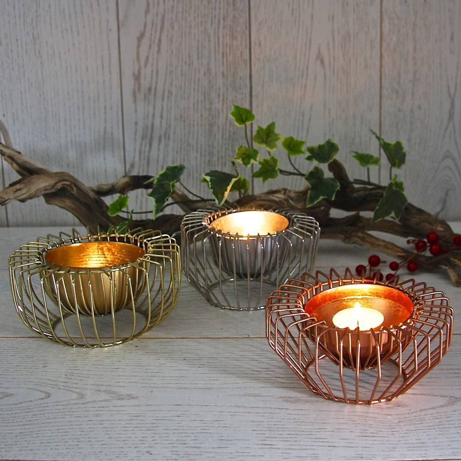 Three Wire Tealight Holders In Gold Copper And Steel By London Garden