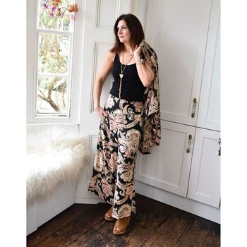 'Eira' Black, Rose And Gold Floral Baroque Viscose Palazzo Trousers, 3 of 6