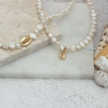 Pearl Choker Necklace With Gold Plated Seashell Charms, 6 of 11