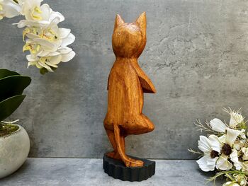 32cm Handcarved One Leg Yoga Cat Wooden Ornament Gift, 10 of 12